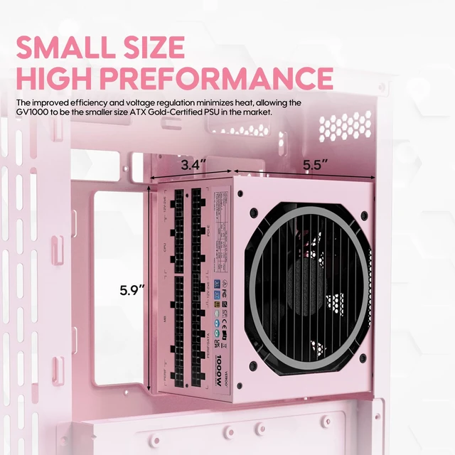 Alt view image 6 of 7 - Vetroo 1000W Pink Power Supply, ATX 3.1 Ready & Dual PCIe 5.1 | 80 Plus Gold Certified, Full Modular, Eco Mode with 120mm FDB Fan, Compact Size, 10 Year Warranty for Gaming PC
