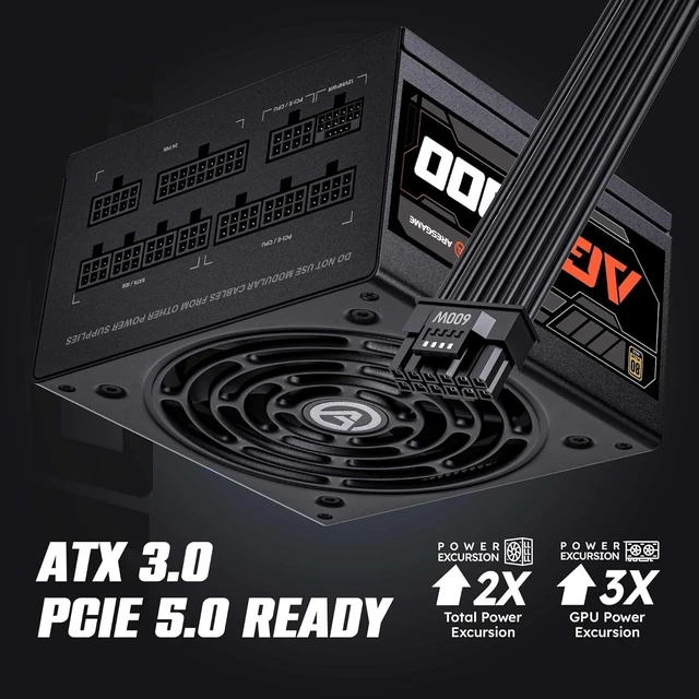 Alt view image 2 of 7 - ARESGAME AGT Series 1000W Power Supply, 80+ Gold Certified, Fully Modular, FDB Fan, Compact 140mm Size, 10 Year Warranty, ATX Gaming Power Supply