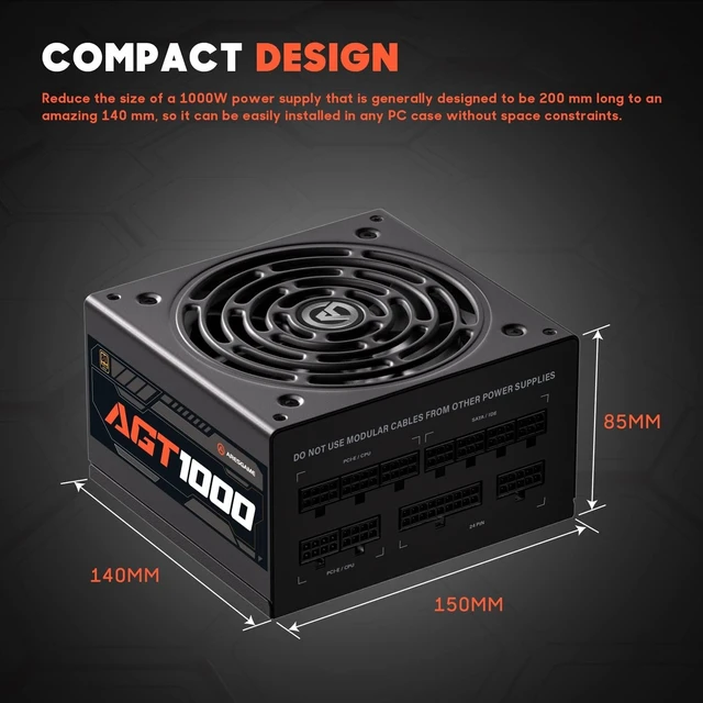 Alt view image 5 of 7 - ARESGAME AGT Series 1000W Power Supply, 80+ Gold Certified, Fully Modular, FDB Fan, Compact 140mm Size, 10 Year Warranty, ATX Gaming Power Supply