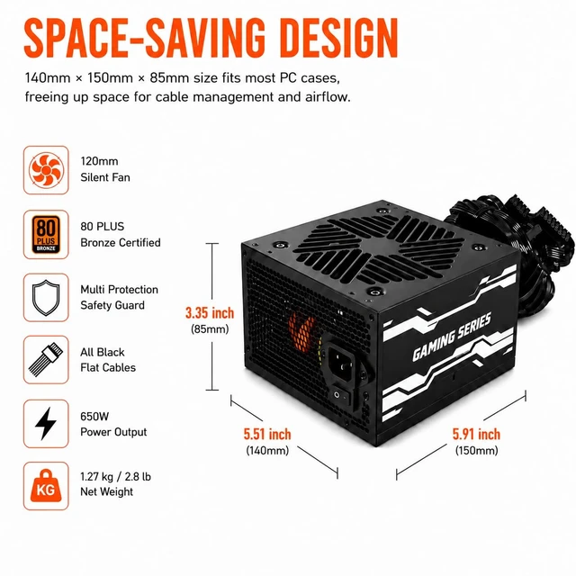 Alt view image 5 of 7 - Evounic Power Supply 650WATX PSU80 PLUS Bronze Certified, 5 Year Warranty | Non-Modular Design with 120mm Temperature-Controlled Fan, 100240V Wide Voltage and Multiple Protection