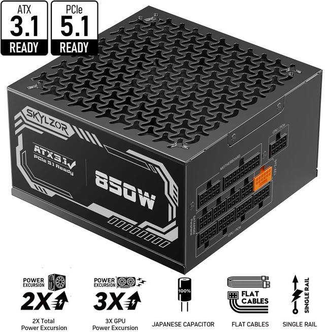 Alt view image 3 of 7 - 850W Fully Modular Power Supply, 80+ Gold Certified PSU | ATX 3.1 & PCIe 5.1 Ready | 12V-2x6 Connector | 140mm Low-Noise Fan | 105 Japanese Capacitors | Black PSU