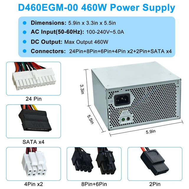 Alt view image 4 of 7 - Upgraded D460EGM-00 0FFD6 460W Power Supply HU460AM-01 PSU Compatible with Dell Precision 3630 T3630 5680 T3640 T3650 Alien-Ware Aurora R7 R6 R5,DPS-460DB-18 A AC460AM-01 D460AM-03 Power Supply