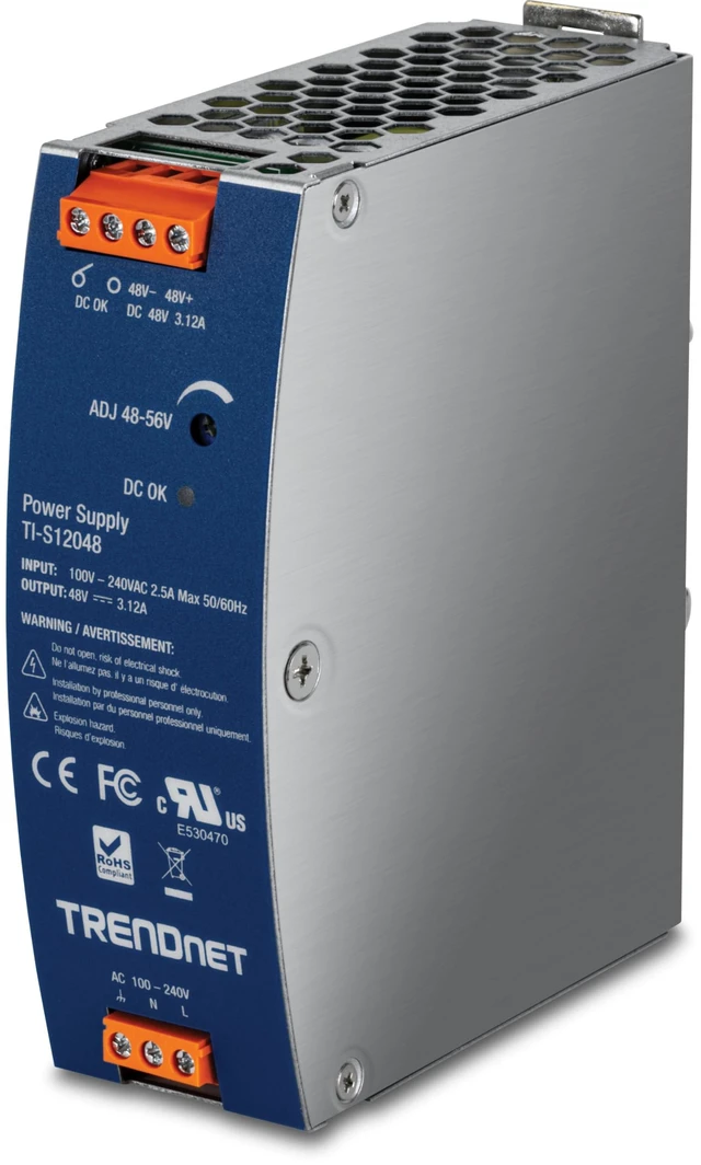 Main image of TRENDnet TI-S12048, 150W, 48 56V DC, 3.12A AC to DC | DIN-Rail Power Supply with PFC Function, , 150% Peak Load Capability, UL 62368 Certified