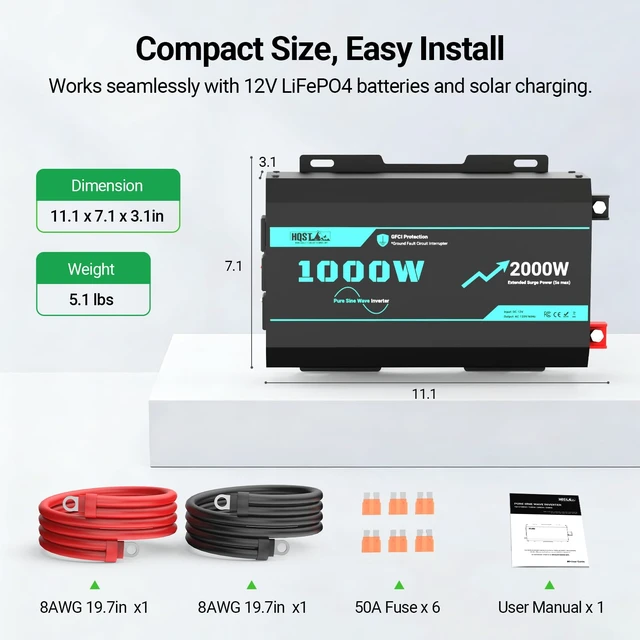 Alt view image 2 of 7 - HQST 1000W Pure Sine Wave Inverter, GFCI Protection, 12V to 120V | Surge 2000W for 5s, 94% Efficiency, 3x AC Sockets, 5V/3.4A USB, THD<3.3%, for RV, Truck, Camping & Off-Grid