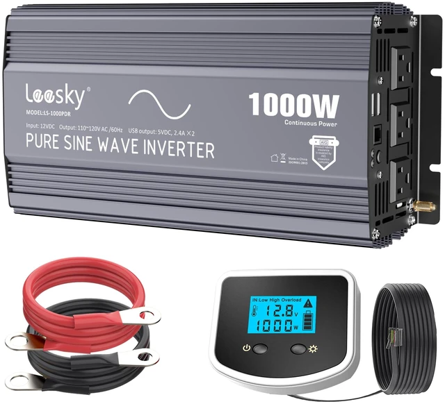 Main image of 1000 Watt Pure Sine Wave Power Inverter 12V to 110V 120V for RV Off-Grid | With LCD Remote Control and Lithium Battery Compatibility, For Starlink Car RV Truck Off-Grid Home Solar System