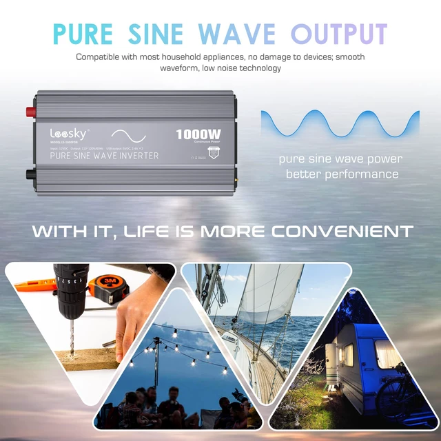 Alt view image 2 of 7 - 1000 Watt Pure Sine Wave Power Inverter 12V to 110V 120V for RV Off-Grid | With LCD Remote Control and Lithium Battery Compatibility, For Starlink Car RV Truck Off-Grid Home Solar System
