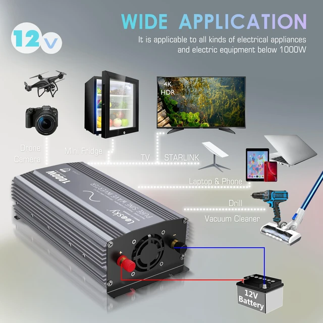 Alt view image 3 of 7 - 1000 Watt Pure Sine Wave Power Inverter 12V to 110V 120V for RV Off-Grid | With LCD Remote Control and Lithium Battery Compatibility, For Starlink Car RV Truck Off-Grid Home Solar System