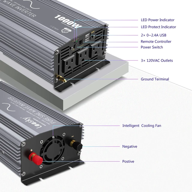Alt view image 6 of 7 - 1000 Watt Pure Sine Wave Power Inverter 12V to 110V 120V for RV Off-Grid | With LCD Remote Control and Lithium Battery Compatibility, For Starlink Car RV Truck Off-Grid Home Solar System