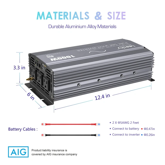 Alt view image 7 of 7 - 1000 Watt Pure Sine Wave Power Inverter 12V to 110V 120V for RV Off-Grid | With LCD Remote Control and Lithium Battery Compatibility, For Starlink Car RV Truck Off-Grid Home Solar System