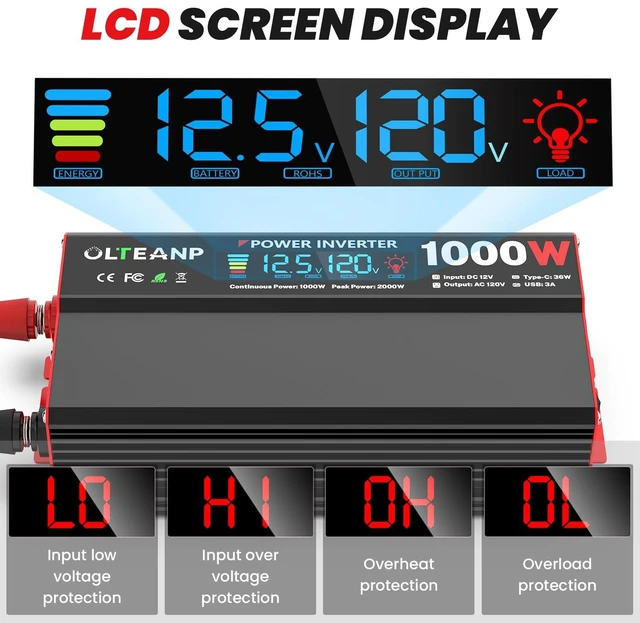 Alt view image 3 of 7 - 1000W Power Inverter 12V DC to 110V/120V AC Car Converter for Vehicles | LCD Screen Display, 2 AC Outlets, 36W Type-C Port, 5V/3A USB Port, Car Plug Adapter for Truck, Home, Camping, Laptop, Trip