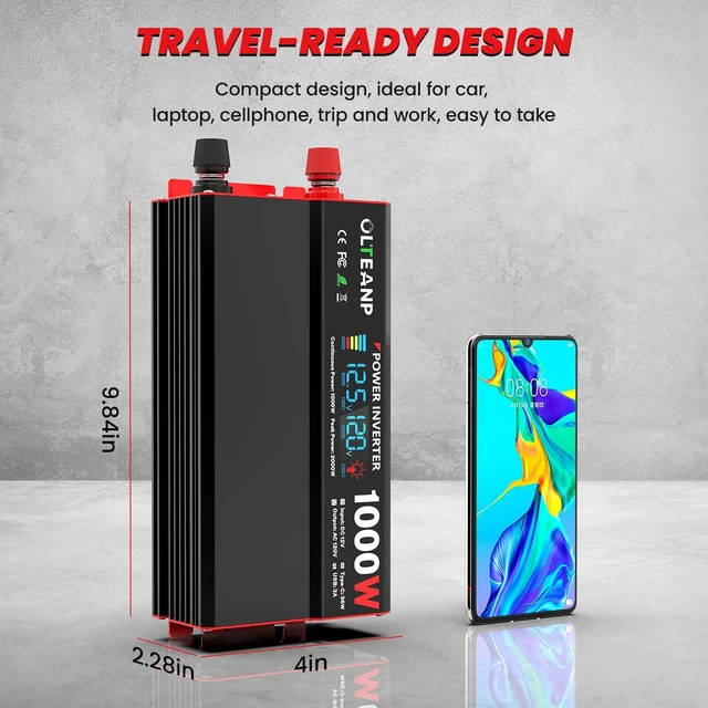 Alt view image 7 of 7 - 1000W Power Inverter 12V DC to 110V/120V AC Car Converter for Vehicles | LCD Screen Display, 2 AC Outlets, 36W Type-C Port, 5V/3A USB Port, Car Plug Adapter for Truck, Home, Camping, Laptop, Trip