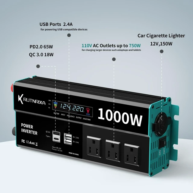 Alt view image 2 of 7 - RUTNRIXA 1000W Power Inverters 12V DC to 110V AC Converter for Vehicles USB-C/PD 25 Watts Fast Charging Ports Car Charger Adapter with a Cigarette Lighter Ports Plug Outlet
