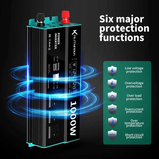 Alt view image 3 of 7 - RUTNRIXA 1000W Power Inverters 12V DC to 110V AC Converter for Vehicles USB-C/PD 25 Watts Fast Charging Ports Car Charger Adapter with a Cigarette Lighter Ports Plug Outlet