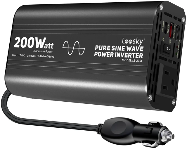 Main image of 200 Watt Pure Sine Wave Car Inverter 12V DC to 110V 120V AC | with 30W PD USB-C & QC3.0 USB-A Fast Charging, Car Power Inverter Converter for Vehicle Truck RV by LEESKY