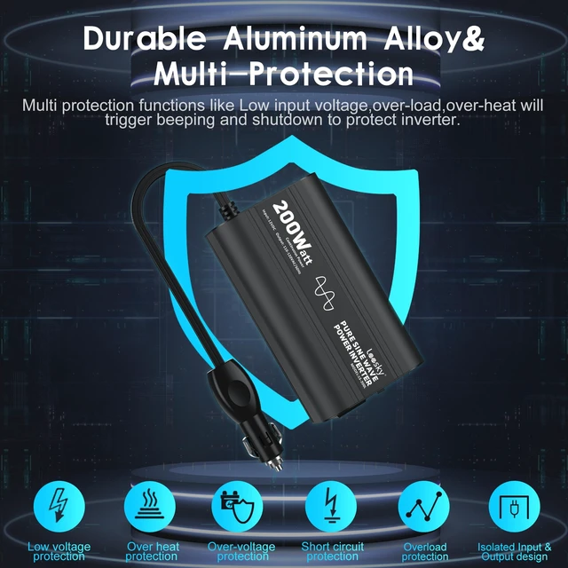Alt view image 3 of 7 - 200 Watt Pure Sine Wave Car Inverter 12V DC to 110V 120V AC | with 30W PD USB-C & QC3.0 USB-A Fast Charging, Car Power Inverter Converter for Vehicle Truck RV by LEESKY