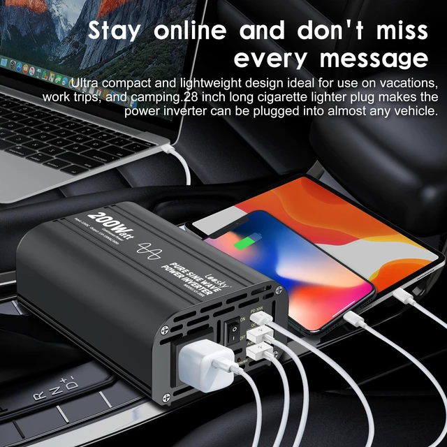 Alt view image 4 of 7 - 200 Watt Pure Sine Wave Car Inverter 12V DC to 110V 120V AC | with 30W PD USB-C & QC3.0 USB-A Fast Charging, Car Power Inverter Converter for Vehicle Truck RV by LEESKY