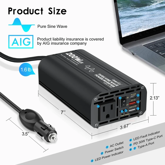 Alt view image 7 of 7 - 200 Watt Pure Sine Wave Car Inverter 12V DC to 110V 120V AC | with 30W PD USB-C & QC3.0 USB-A Fast Charging, Car Power Inverter Converter for Vehicle Truck RV by LEESKY