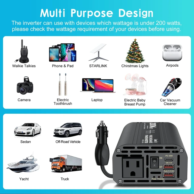 Alt view image 5 of 7 - 200 Watt Pure Sine Wave Car Inverter 12V DC to 110V 120V AC | with 30W PD USB-C & QC3.0 USB-A Fast Charging, Car Power Inverter Converter for Vehicle Truck RV by LEESKY