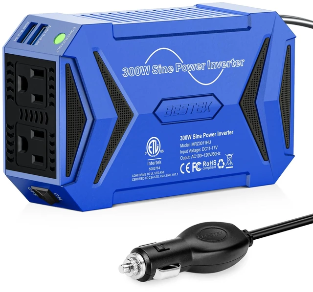 Main image of BESTEK Pure Sine Wave Power Inverter, 300W DC 12-17V to 110V AC Car Adapter | Vehicle Plug in Cigarette Lighter Outlet Solar Inverter, 4.8A Dual USB Fast Charging Ports for Phone, Laptop, CPAP(Blue)