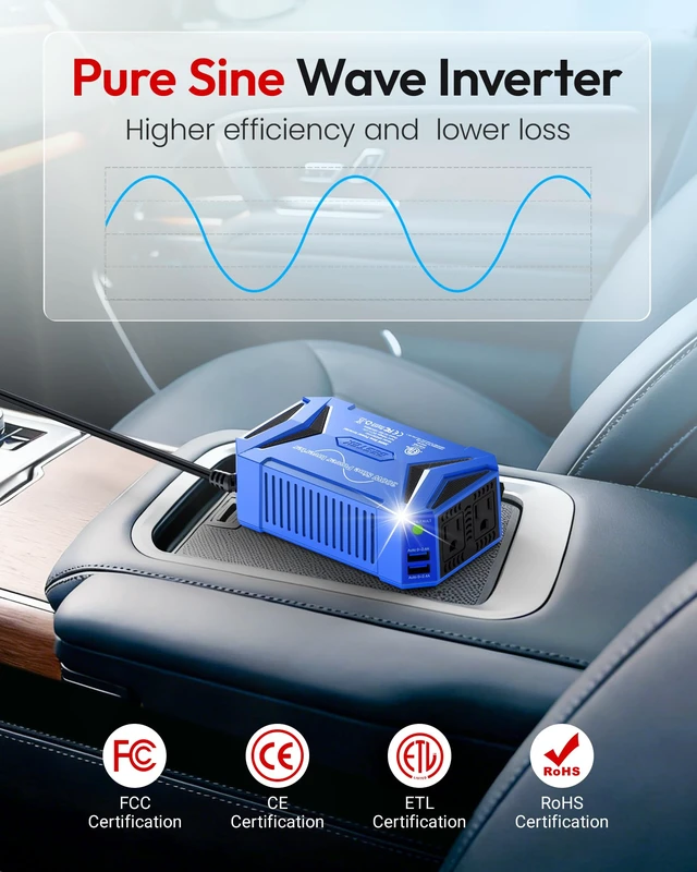 Alt view image 2 of 7 - BESTEK Pure Sine Wave Power Inverter, 300W DC 12-17V to 110V AC Car Adapter | Vehicle Plug in Cigarette Lighter Outlet Solar Inverter, 4.8A Dual USB Fast Charging Ports for Phone, Laptop, CPAP(Blue)