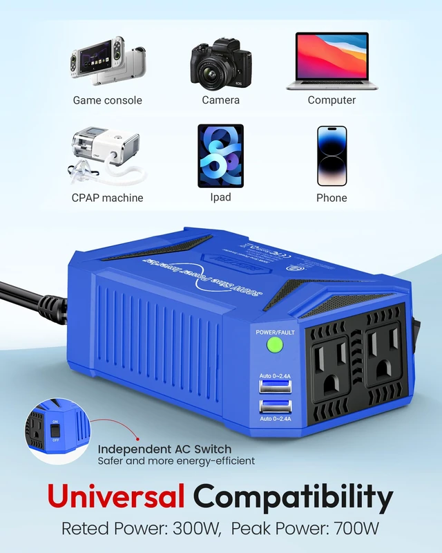 Alt view image 6 of 7 - BESTEK Pure Sine Wave Power Inverter, 300W DC 12-17V to 110V AC Car Adapter | Vehicle Plug in Cigarette Lighter Outlet Solar Inverter, 4.8A Dual USB Fast Charging Ports for Phone, Laptop, CPAP(Blue)