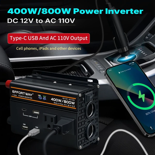Alt view image 2 of 7 - EFFORTWAY 400 watt Power Inverter for Vehicles 12V to 110V/120V Converter 800 watt Peak with 2 AC Out, 3 USB, Type-C Charger, and Cigarette Lighter Ports for Smartphones Laptops Tablets