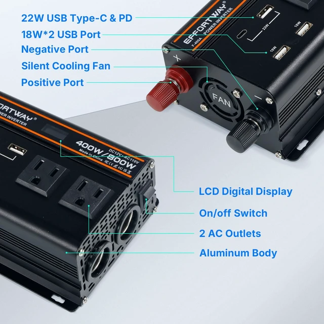 Alt view image 3 of 7 - EFFORTWAY 400 watt Power Inverter for Vehicles 12V to 110V/120V Converter 800 watt Peak with 2 AC Out, 3 USB, Type-C Charger, and Cigarette Lighter Ports for Smartphones Laptops Tablets