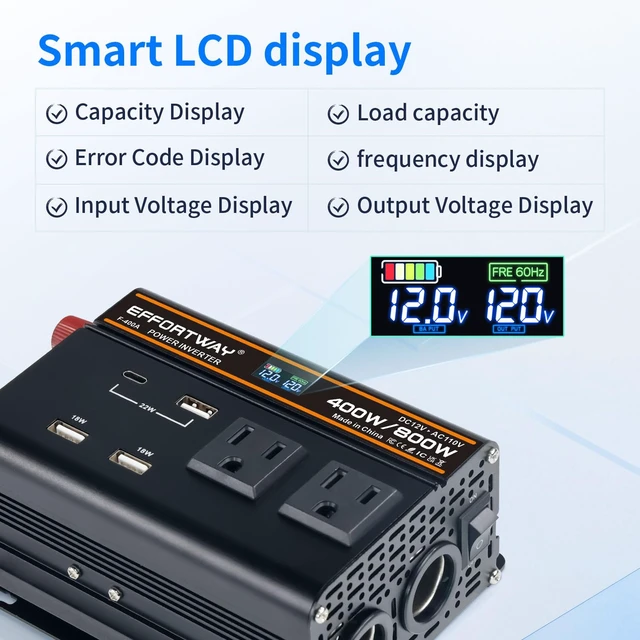 Alt view image 4 of 7 - EFFORTWAY 400 watt Power Inverter for Vehicles 12V to 110V/120V Converter 800 watt Peak with 2 AC Out, 3 USB, Type-C Charger, and Cigarette Lighter Ports for Smartphones Laptops Tablets