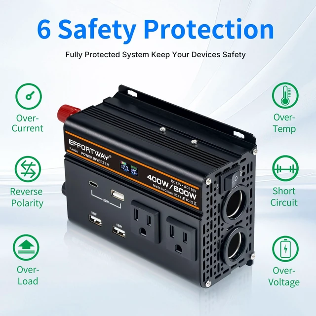 Alt view image 5 of 7 - EFFORTWAY 400 watt Power Inverter for Vehicles 12V to 110V/120V Converter 800 watt Peak with 2 AC Out, 3 USB, Type-C Charger, and Cigarette Lighter Ports for Smartphones Laptops Tablets