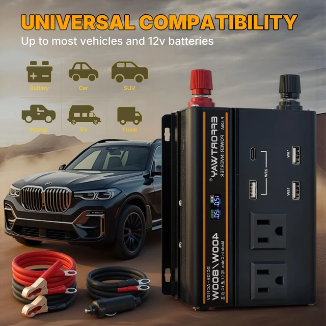 Alt view image 6 of 7 - EFFORTWAY 400 watt Power Inverter for Vehicles 12V to 110V/120V Converter 800 watt Peak with 2 AC Out, 3 USB, Type-C Charger, and Cigarette Lighter Ports for Smartphones Laptops Tablets
