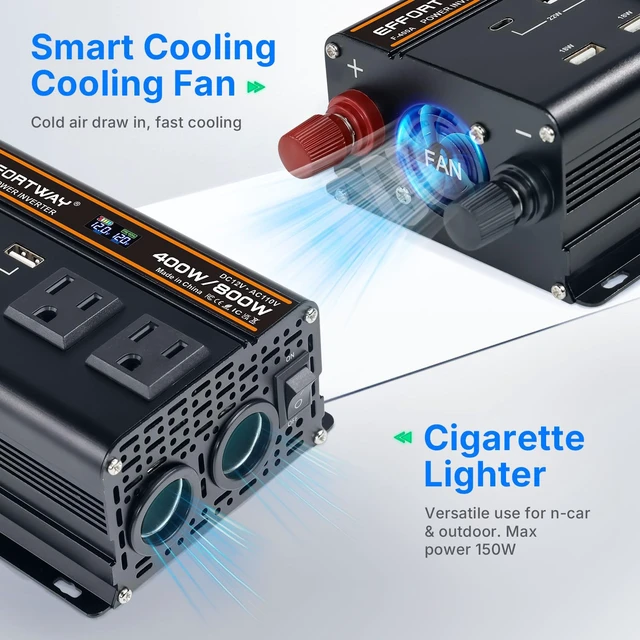 Alt view image 7 of 7 - EFFORTWAY 400 watt Power Inverter for Vehicles 12V to 110V/120V Converter 800 watt Peak with 2 AC Out, 3 USB, Type-C Charger, and Cigarette Lighter Ports for Smartphones Laptops Tablets