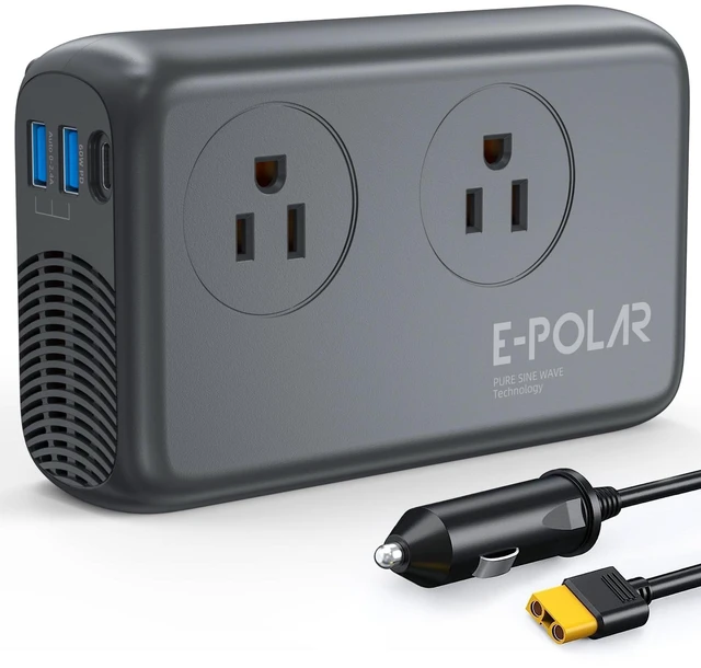 Main image of E-POLAR 300W Car Power Inverter Pure Sine Wave with 60W PD USB-C, Power Inverters for Vehicles DC 12V to 110V AC, Car Inverter Power Outlet with XT60 Cable (Grey)