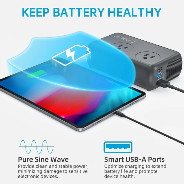 Alt view image 2 of 7 - E-POLAR 300W Car Power Inverter Pure Sine Wave with 60W PD USB-C, Power Inverters for Vehicles DC 12V to 110V AC, Car Inverter Power Outlet with XT60 Cable (Grey)