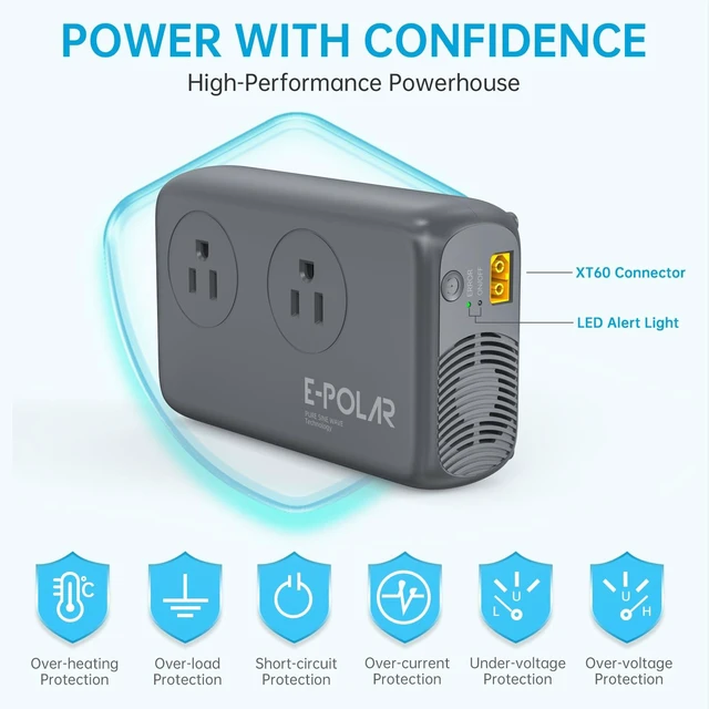 Alt view image 7 of 7 - E-POLAR 300W Car Power Inverter Pure Sine Wave with 60W PD USB-C, Power Inverters for Vehicles DC 12V to 110V AC, Car Inverter Power Outlet with XT60 Cable (Grey)