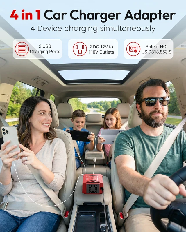 Alt view image 3 of 7 - BESTEK Pure Sine Wave Power Inverter - 300W Car Plug in Charger Outlet DC 12V to 110V AC - Cigarette Lighter Adapter 4.8A Dual USB Fast Charging Ports for Laptop - Aluminum Housing - Red