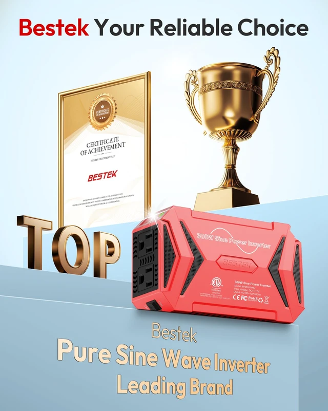 Alt view image 7 of 7 - BESTEK Pure Sine Wave Power Inverter - 300W Car Plug in Charger Outlet DC 12V to 110V AC - Cigarette Lighter Adapter 4.8A Dual USB Fast Charging Ports for Laptop - Aluminum Housing - Red