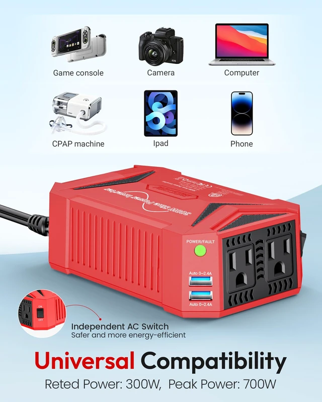 Alt view image 6 of 7 - BESTEK Pure Sine Wave Power Inverter - 300W Car Plug in Charger Outlet DC 12V to 110V AC - Cigarette Lighter Adapter 4.8A Dual USB Fast Charging Ports for Laptop - Aluminum Housing - Red