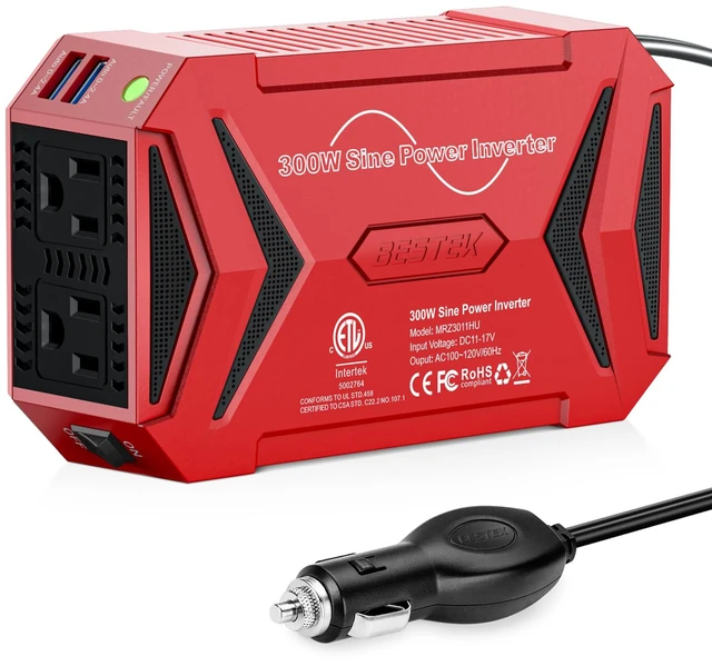 Main image of BESTEK Pure Sine Wave Power Inverter - 300W Car Plug in Charger Outlet DC 12V to 110V AC - Cigarette Lighter Adapter 4.8A Dual USB Fast Charging Ports for Laptop - Aluminum Housing - Red