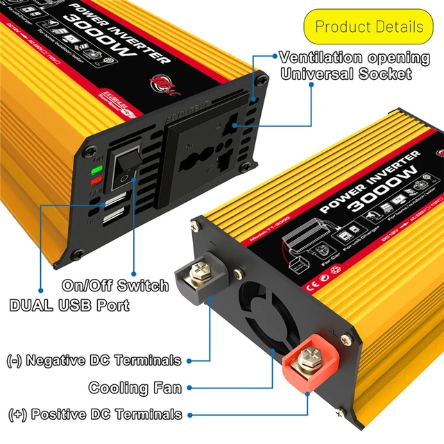 Alt view image 2 of 7 - Klanata 300W Car Power Inverter, 12V to 110V with Dual USB and AC Outlet | 300W rated output; 150W max via cigarette lighter; up to 300W with battery clips; dual USB 4.1A and 110V AC outlet