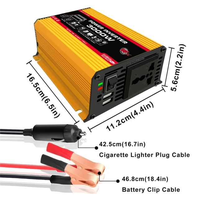Alt view image 3 of 7 - Klanata 300W Car Power Inverter, 12V to 110V with Dual USB and AC Outlet | 300W rated output; 150W max via cigarette lighter; up to 300W with battery clips; dual USB 4.1A and 110V AC outlet