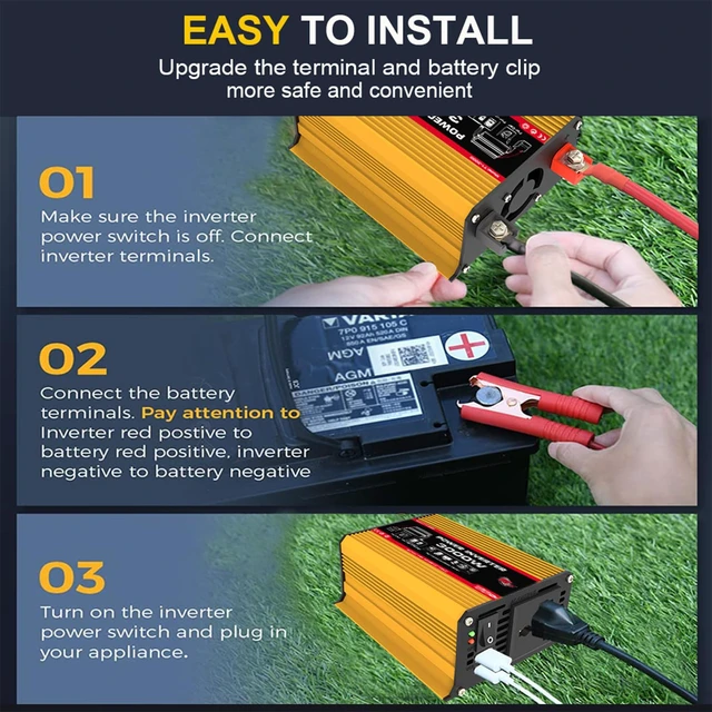 Alt view image 5 of 7 - Klanata 300W Car Power Inverter, 12V to 110V with Dual USB and AC Outlet | 300W rated output; 150W max via cigarette lighter; up to 300W with battery clips; dual USB 4.1A and 110V AC outlet