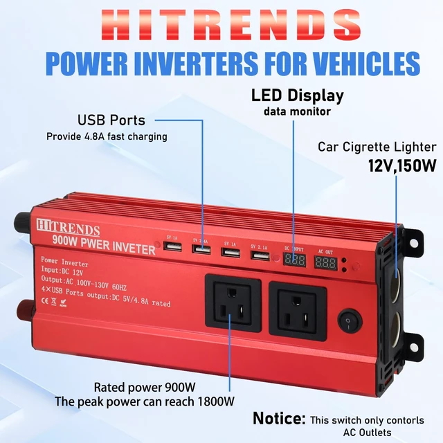 Alt view image 2 of 7 - HITRENDS 900W Car Power Inverter 12V to 110V, DC to AC Converter with 4 USB Ports (24W Quick Charge) & 2 AC Outlets, for Camping, RV, Laptop, CE, FCC and ROHS Certified
