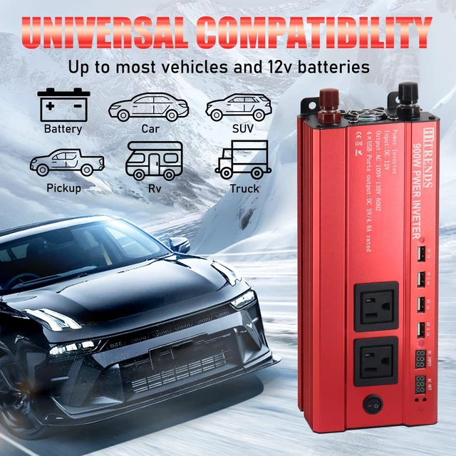 Alt view image 3 of 7 - HITRENDS 900W Car Power Inverter 12V to 110V, DC to AC Converter with 4 USB Ports (24W Quick Charge) & 2 AC Outlets, for Camping, RV, Laptop, CE, FCC and ROHS Certified