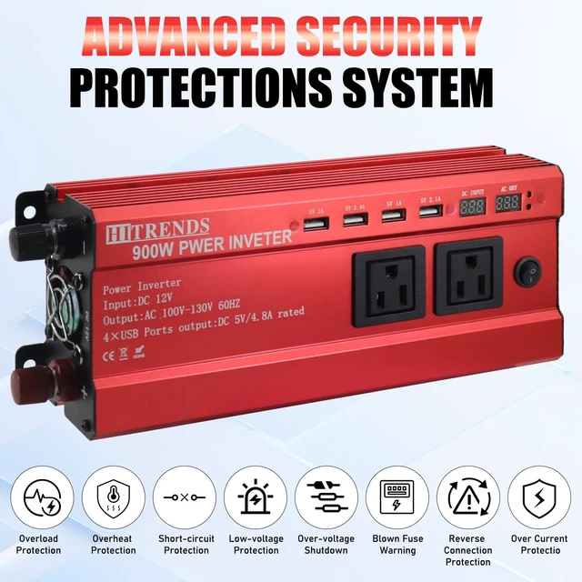 Alt view image 4 of 7 - HITRENDS 900W Car Power Inverter 12V to 110V, DC to AC Converter with 4 USB Ports (24W Quick Charge) & 2 AC Outlets, for Camping, RV, Laptop, CE, FCC and ROHS Certified
