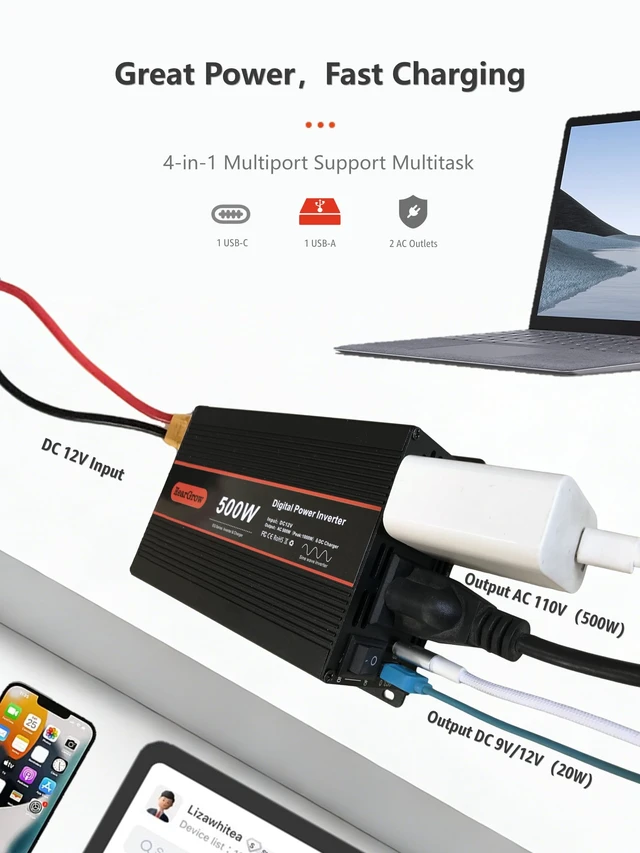 Alt view image 2 of 6 - HearGrow 500W Pure Sine Wave Power Inverter DC 12V to AC 110V with 2 AC Outlets,1 USB-A and 1 USB-C Ports for Car, RV, Truck