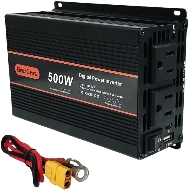 Main image of HearGrow 500W Pure Sine Wave Power Inverter DC 12V to AC 110V with 2 AC Outlets,1 USB-A and 1 USB-C Ports for Car, RV, Truck