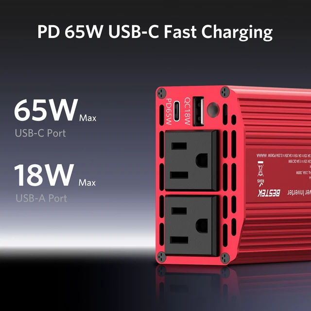 Alt view image 2 of 7 - Power Inverter DC 12-17V to AC 110V - 300W Car Plug Adapter Outlet | PD65W USB-C 18W USB-A Port, Vehicle Charger Cigarette Lighter for Phone, Laptop on Road Trip, Modified Sine, Aluminum Housing