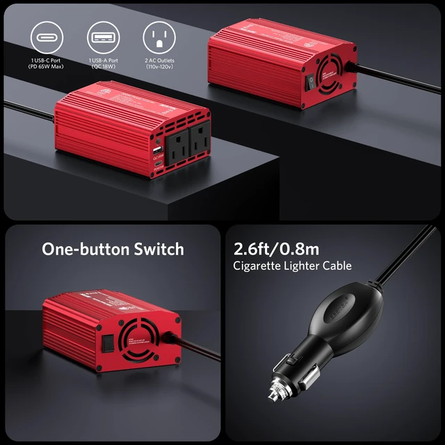 Alt view image 4 of 7 - Power Inverter DC 12-17V to AC 110V - 300W Car Plug Adapter Outlet | PD65W USB-C 18W USB-A Port, Vehicle Charger Cigarette Lighter for Phone, Laptop on Road Trip, Modified Sine, Aluminum Housing