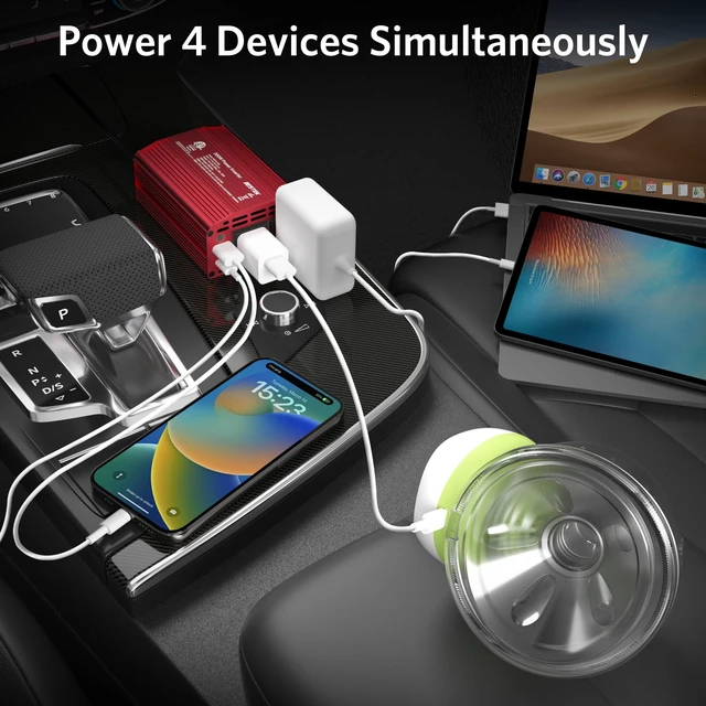 Alt view image 5 of 7 - Power Inverter DC 12-17V to AC 110V - 300W Car Plug Adapter Outlet | PD65W USB-C 18W USB-A Port, Vehicle Charger Cigarette Lighter for Phone, Laptop on Road Trip, Modified Sine, Aluminum Housing