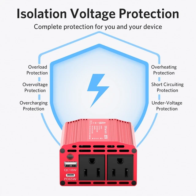 Alt view image 6 of 7 - Power Inverter DC 12-17V to AC 110V - 300W Car Plug Adapter Outlet | PD65W USB-C 18W USB-A Port, Vehicle Charger Cigarette Lighter for Phone, Laptop on Road Trip, Modified Sine, Aluminum Housing